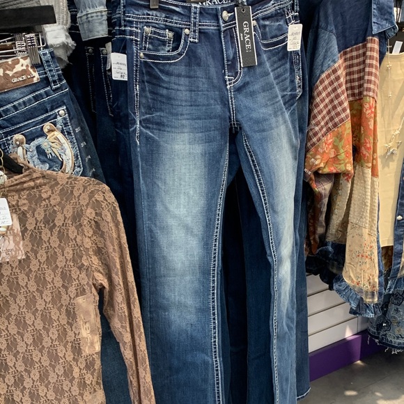 Grace in LA Women's Blue Jeans with Bull Skull Embroidery - Picture 3 of 3